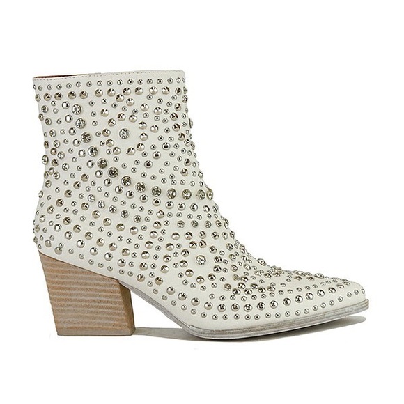 BEAST FASHION Shoes - Beast HAZEL White Faux Leather Stud & Rhinestone Embellished Cowboy Booties 6